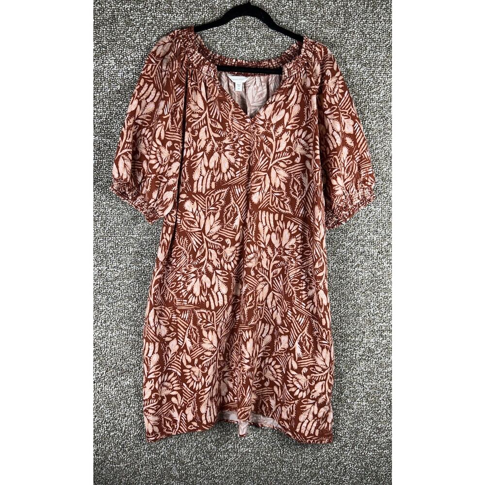 Garnet Hill Linen Floral Smocked Neck Puff Sleeve Dress Red Brown Size 18